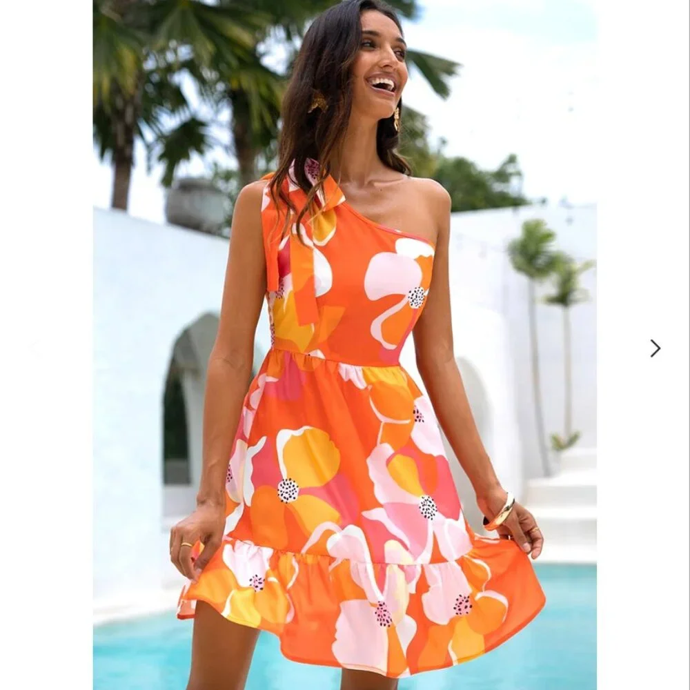 NWOT Cupshe Print Bow One Shoulder Dress Size XS - Picture 4 of 7